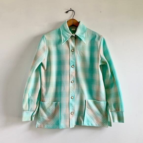 American Vintage Jackets & Blazers - Vintage 70s Pastel Plaid Chore Jacket | Aqua Pink Button Down Shirt | M/L